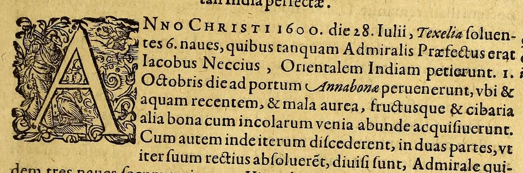 An illustration from Indiae Orientalis pars octaua: Navigationes quinque, : primam, à Iacobo Neccio, ab anno 1600. vsque ad annum 1603. Secundam, à Iohanne Hermanno de Bree, ab anno 1602. vsq[ue], ad annum 1604. Tertiam, à Cornelio Nicolai, annis quatuor. Quartam, à Cornelio de Vena, duobus annis. Quintam, sub Stephano de Hagen tribus annis, in Indiam Orientalem susceptas & peractas continens. Locorum, regnum, populorum, rituuḿque variorum descriptione, victoriarum item à Lusitanis reportatarum, & Araboinae, Tidoriśque expugnationis commemoratione addita., 1607, leaf 101