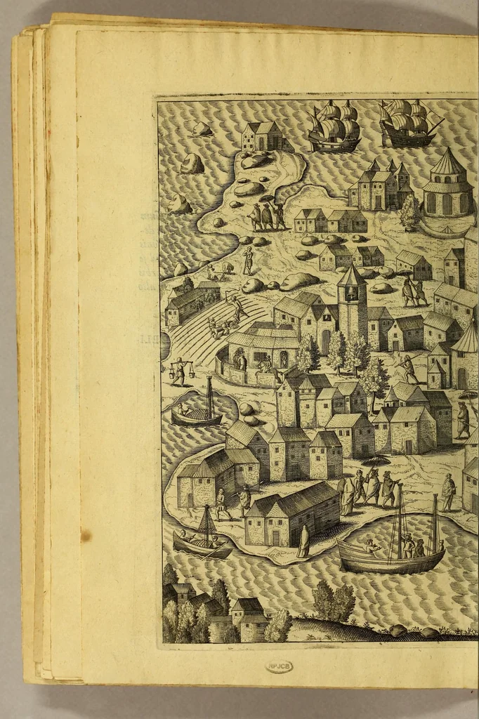 An illustration from Indiae Orientalis pars octaua: Navigationes quinque, : primam, à Iacobo Neccio, ab anno 1600. vsque ad annum 1603. Secundam, à Iohanne Hermanno de Bree, ab anno 1602. vsq[ue], ad annum 1604. Tertiam, à Cornelio Nicolai, annis quatuor. Quartam, à Cornelio de Vena, duobus annis. Quintam, sub Stephano de Hagen tribus annis, in Indiam Orientalem susceptas & peractas continens. Locorum, regnum, populorum, rituuḿque variorum descriptione, victoriarum item à Lusitanis reportatarum, & Araboinae, Tidoriśque expugnationis commemoratione addita., 1607, leaf 142