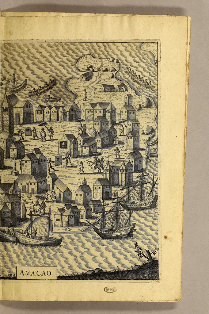 An illustration from Indiae Orientalis pars octaua: Navigationes quinque, : primam, à Iacobo Neccio, ab anno 1600. vsque ad annum 1603. Secundam, à Iohanne Hermanno de Bree, ab anno 1602. vsq[ue], ad annum 1604. Tertiam, à Cornelio Nicolai, annis quatuor. Quartam, à Cornelio de Vena, duobus annis. Quintam, sub Stephano de Hagen tribus annis, in Indiam Orientalem susceptas & peractas continens. Locorum, regnum, populorum, rituuḿque variorum descriptione, victoriarum item à Lusitanis reportatarum, & Araboinae, Tidoriśque expugnationis commemoratione addita., 1607, leaf 143
