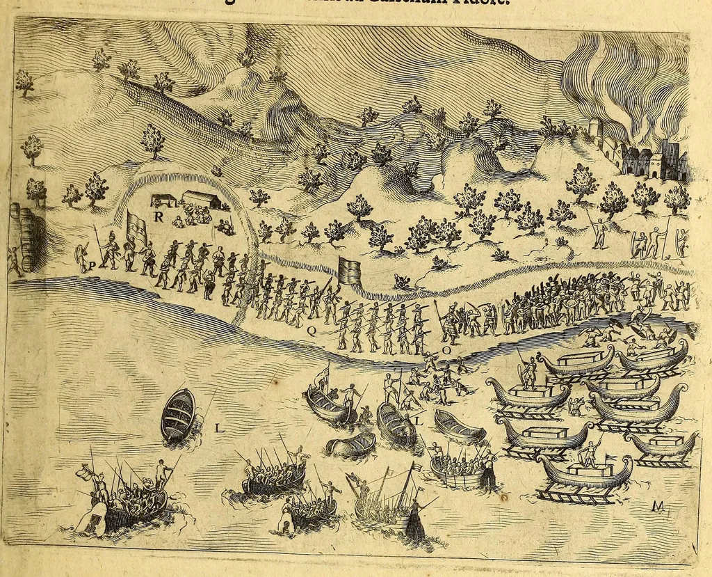 An illustration from Indiae Orientalis pars octaua: Navigationes quinque, : primam, à Iacobo Neccio, ab anno 1600. vsque ad annum 1603. Secundam, à Iohanne Hermanno de Bree, ab anno 1602. vsq[ue], ad annum 1604. Tertiam, à Cornelio Nicolai, annis quatuor. Quartam, à Cornelio de Vena, duobus annis. Quintam, sub Stephano de Hagen tribus annis, in Indiam Orientalem susceptas & peractas continens. Locorum, regnum, populorum, rituuḿque variorum descriptione, victoriarum item à Lusitanis reportatarum, & Araboinae, Tidoriśque expugnationis commemoratione addita., 1607, leaf 155