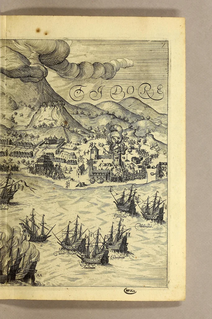An illustration from Indiae Orientalis pars octaua: Navigationes quinque, : primam, à Iacobo Neccio, ab anno 1600. vsque ad annum 1603. Secundam, à Iohanne Hermanno de Bree, ab anno 1602. vsq[ue], ad annum 1604. Tertiam, à Cornelio Nicolai, annis quatuor. Quartam, à Cornelio de Vena, duobus annis. Quintam, sub Stephano de Hagen tribus annis, in Indiam Orientalem susceptas & peractas continens. Locorum, regnum, populorum, rituuḿque variorum descriptione, victoriarum item à Lusitanis reportatarum, & Araboinae, Tidoriśque expugnationis commemoratione addita., 1607, leaf 159
