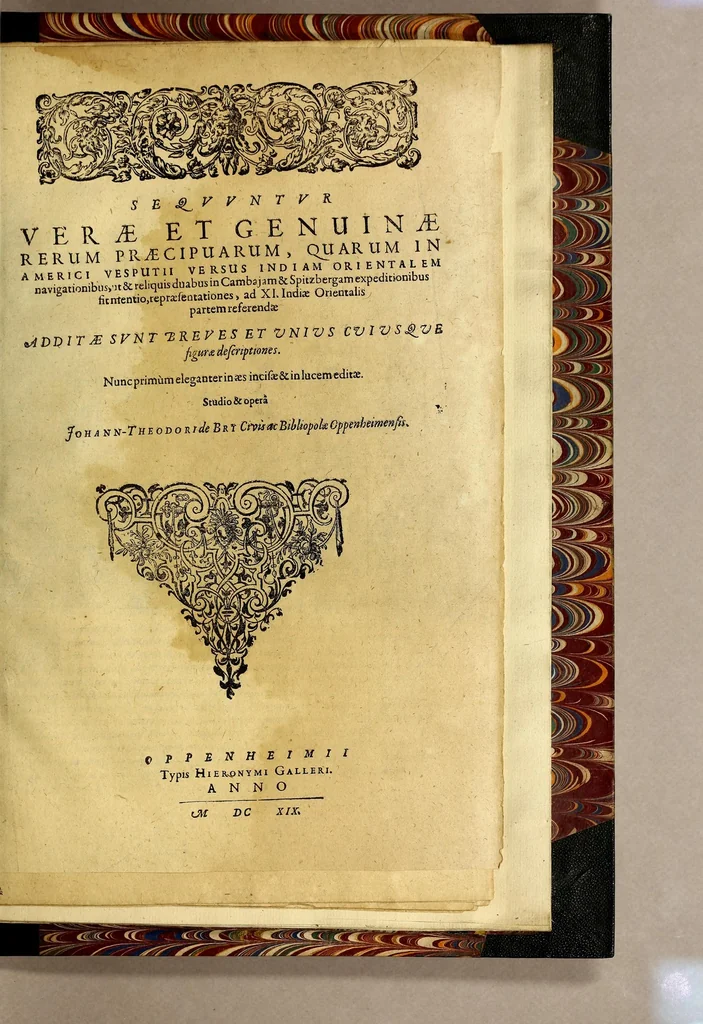 An illustration from Indiae Orientalis pars vndecima, : quâ continetur I. Duarum navigationum, quas jussu Emanuelis Portugalliae regis in Indiam Orientalem Ann. 1501. Dn. Americus Vesputius instituit, historia. II. Vera atque hactenus inaudita Angli cujusdam relatio, qui nave quadam, cui Ascenionis nomen, in extremam Indiae Orientalis oram Cambajam vectus, ac naufragium ibidem passus, postea quàm plurimas nobis incognitas regiones, amplissimasq[ue] urbes peragravit, ińque iis multa lectu auditúque jucunda observavit. III. Descriptio regionis Spitzbergae additâ simul relatione in juriarum, quas Ann. 1613. alii piscatores ab Anglis perpessi sunt: & protestatione contra Anglos, qui sibi folis omne jus in istam regionem vendicarunt. Nunc primum Latio donata, atq[ue] elegantissimè in aes incisis imaginibus illustratae., 1619, leaf 69