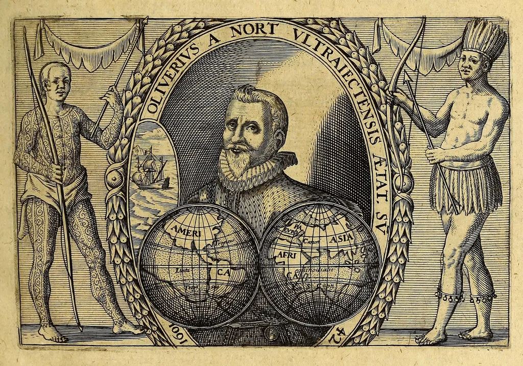 An illustration from Indiae Orientalis pars vndecima, : quâ continetur I. Duarum navigationum, quas jussu Emanuelis Portugalliae regis in Indiam Orientalem Ann. 1501. Dn. Americus Vesputius instituit, historia. II. Vera atque hactenus inaudita Angli cujusdam relatio, qui nave quadam, cui Ascenionis nomen, in extremam Indiae Orientalis oram Cambajam vectus, ac naufragium ibidem passus, postea quàm plurimas nobis incognitas regiones, amplissimasq[ue] urbes peragravit, ińque iis multa lectu auditúque jucunda observavit. III. Descriptio regionis Spitzbergae additâ simul relatione in juriarum, quas Ann. 1613. alii piscatores ab Anglis perpessi sunt: & protestatione contra Anglos, qui sibi folis omne jus in istam regionem vendicarunt. Nunc primum Latio donata, atq[ue] elegantissimè in aes incisis imaginibus illustratae., 1619, leaf 7