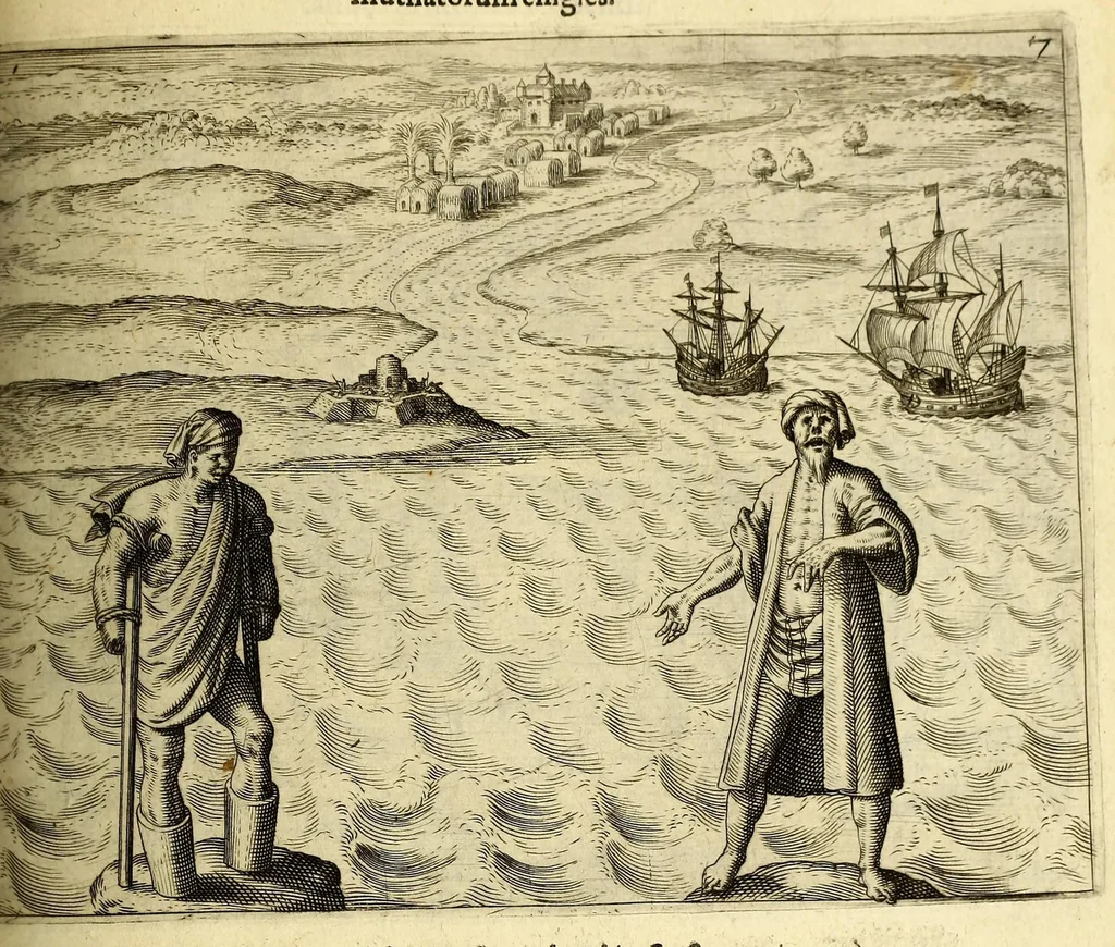 An illustration from Indiae Orientalis pars octaua: Navigationes quinque, : primam, à Iacobo Neccio, ab anno 1600. vsque ad annum 1603. Secundam, à Iohanne Hermanno de Bree, ab anno 1602. vsq[ue], ad annum 1604. Tertiam, à Cornelio Nicolai, annis quatuor. Quartam, à Cornelio de Vena, duobus annis. Quintam, sub Stephano de Hagen tribus annis, in Indiam Orientalem susceptas & peractas continens. Locorum, regnum, populorum, rituuḿque variorum descriptione, victoriarum item à Lusitanis reportatarum, & Araboinae, Tidoriśque expugnationis commemoratione addita., 1607, leaf 137