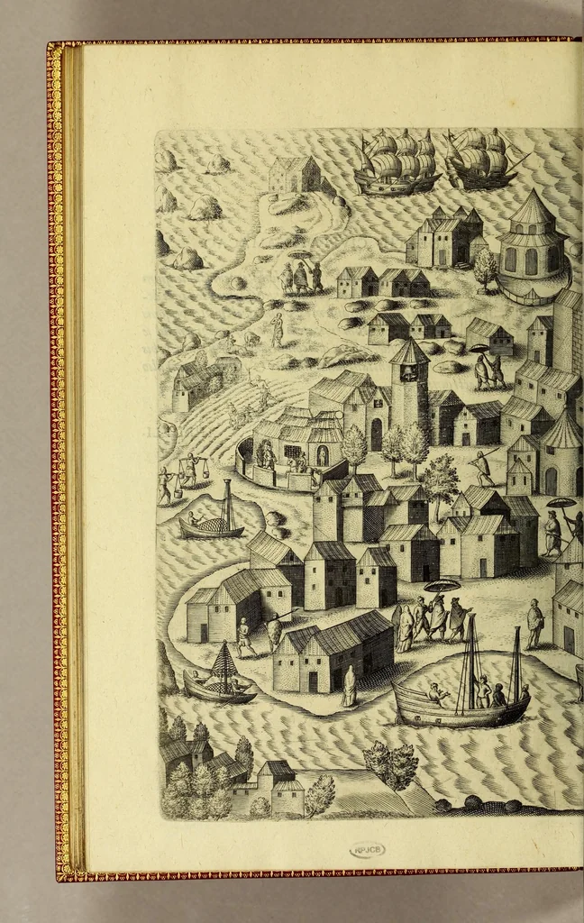An illustration from Indiae Orientalis pars octaua: Navigationes quinque, : primam, à Iacobo Neccio, ab anno 1600. vsque ad annum 1603. Secundam, à Iohanne Hermanno de Bree, ab anno 1602. vsq[ue], ad annum 1604. Tertiam, à Cornelio Nicolai, annis quatuor. Quartam, à Cornelio de Vena, duobus annis. Quintam, sub Stephano de Hagen tribus annis, in Indiam Orientalem susceptas & peractas continens. Locorum, regnum, populorum, rituuḿque variorum descriptione, victoriarum item à Lusitanis reportatarum, & Araboinae, Tidoriśque expugnationis commemoratione addita., 1607, leaf 148