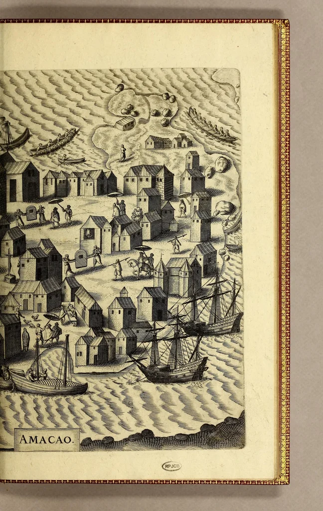 An illustration from Indiae Orientalis pars octaua: Navigationes quinque, : primam, à Iacobo Neccio, ab anno 1600. vsque ad annum 1603. Secundam, à Iohanne Hermanno de Bree, ab anno 1602. vsq[ue], ad annum 1604. Tertiam, à Cornelio Nicolai, annis quatuor. Quartam, à Cornelio de Vena, duobus annis. Quintam, sub Stephano de Hagen tribus annis, in Indiam Orientalem susceptas & peractas continens. Locorum, regnum, populorum, rituuḿque variorum descriptione, victoriarum item à Lusitanis reportatarum, & Araboinae, Tidoriśque expugnationis commemoratione addita., 1607, leaf 149