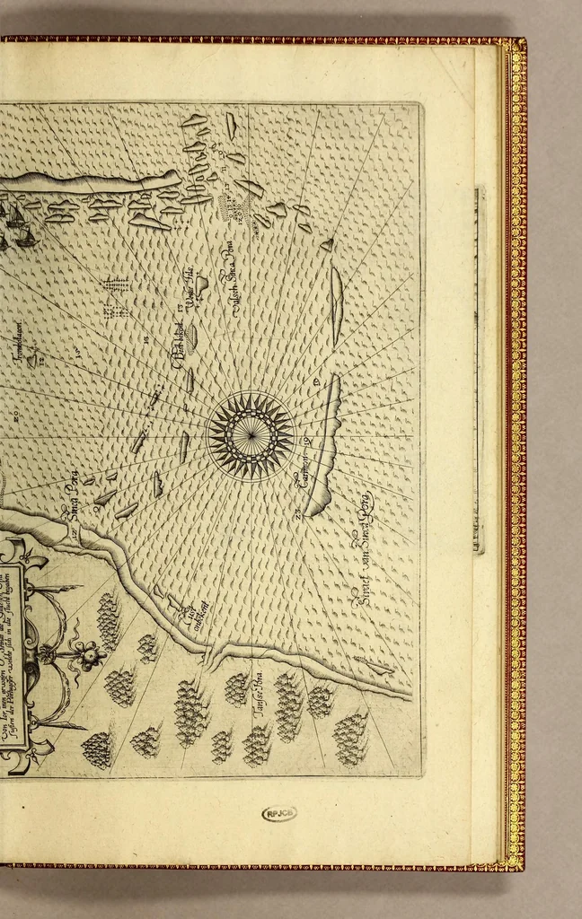 An illustration from Indiae Orientalis pars octaua: Navigationes quinque, : primam, à Iacobo Neccio, ab anno 1600. vsque ad annum 1603. Secundam, à Iohanne Hermanno de Bree, ab anno 1602. vsq[ue], ad annum 1604. Tertiam, à Cornelio Nicolai, annis quatuor. Quartam, à Cornelio de Vena, duobus annis. Quintam, sub Stephano de Hagen tribus annis, in Indiam Orientalem susceptas & peractas continens. Locorum, regnum, populorum, rituuḿque variorum descriptione, victoriarum item à Lusitanis reportatarum, & Araboinae, Tidoriśque expugnationis commemoratione addita., 1607, leaf 153