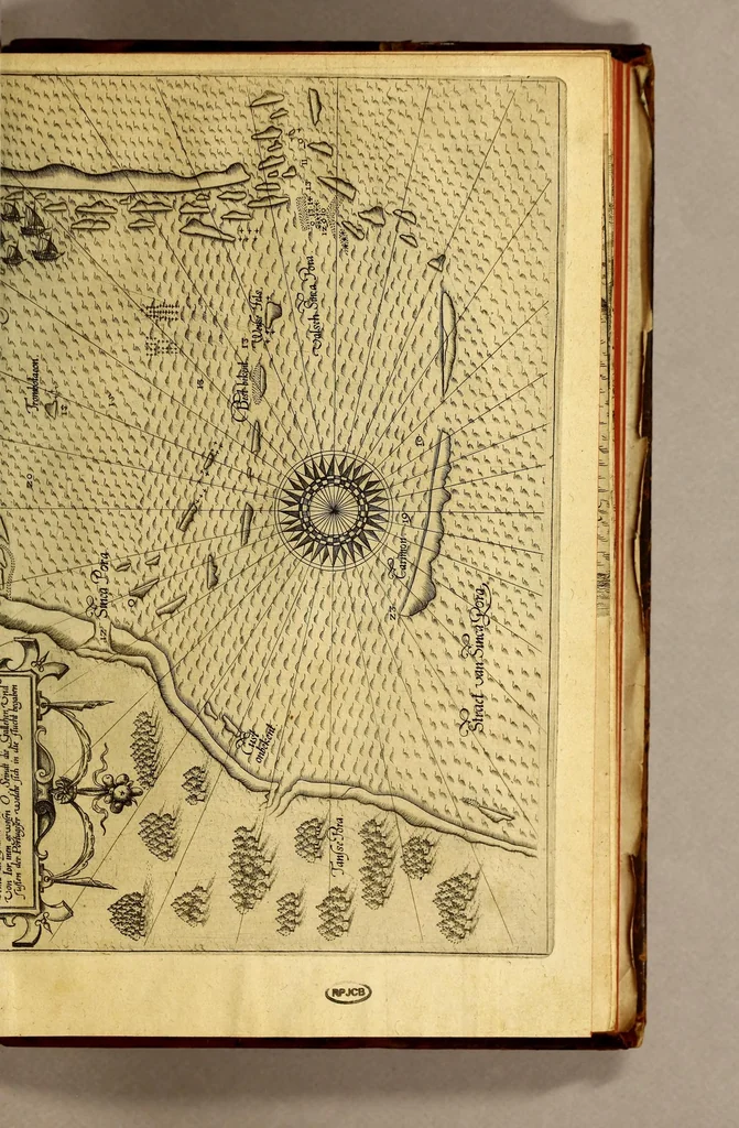 An illustration from Indiae Orientalis pars octaua: Navigationes quinque, : primam, à Iacobo Neccio, ab anno 1600. vsque ad annum 1603. Secundam, à Iohanne Hermanno de Bree, ab anno 1602. vsq[ue], ad annum 1604. Tertiam, à Cornelio Nicolai, annis quatuor. Quartam, à Cornelio de Vena, duobus annis. Quintam, sub Stephano de Hagen tribus annis, in Indiam Orientalem susceptas & peractas continens. Locorum, regnum, populorum, rituuḿque variorum descriptione, victoriarum item à Lusitanis reportatarum, & Araboinae, Tidoriśque expugnationis commemoratione addita., 1607, leaf 153