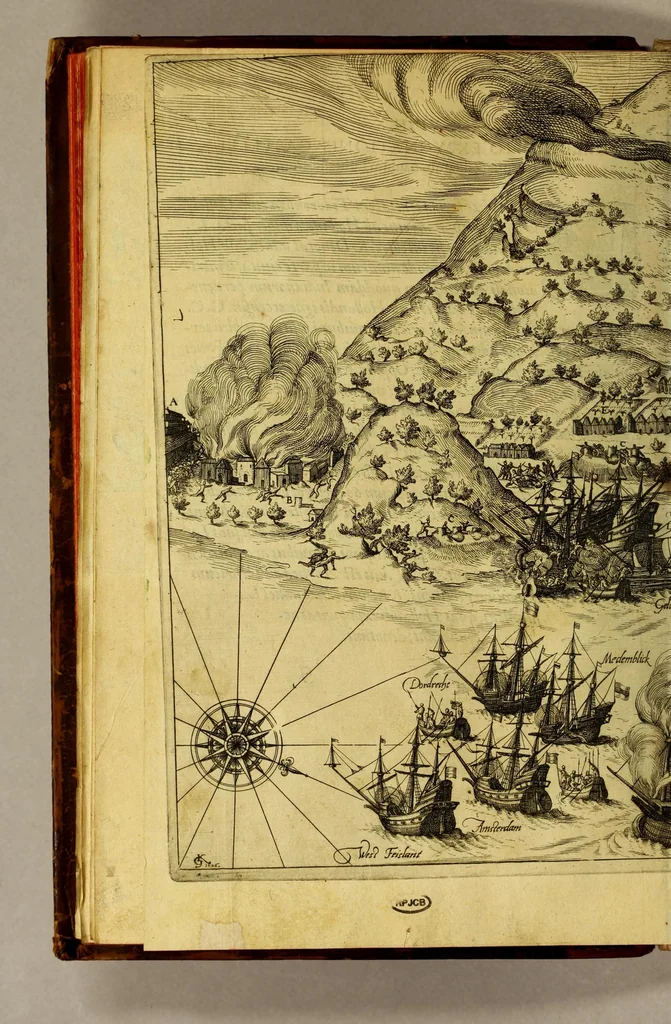 An illustration from Indiae Orientalis pars octaua: Navigationes quinque, : primam, à Iacobo Neccio, ab anno 1600. vsque ad annum 1603. Secundam, à Iohanne Hermanno de Bree, ab anno 1602. vsq[ue], ad annum 1604. Tertiam, à Cornelio Nicolai, annis quatuor. Quartam, à Cornelio de Vena, duobus annis. Quintam, sub Stephano de Hagen tribus annis, in Indiam Orientalem susceptas & peractas continens. Locorum, regnum, populorum, rituuḿque variorum descriptione, victoriarum item à Lusitanis reportatarum, & Araboinae, Tidoriśque expugnationis commemoratione addita., 1607, leaf 164