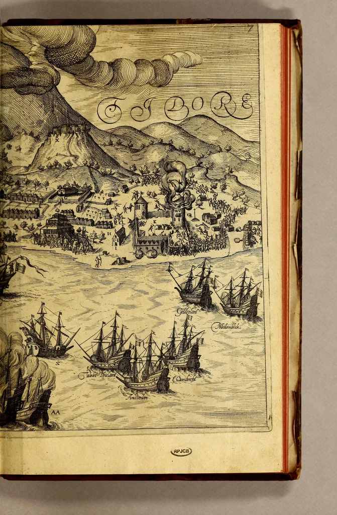 An illustration from Indiae Orientalis pars octaua: Navigationes quinque, : primam, à Iacobo Neccio, ab anno 1600. vsque ad annum 1603. Secundam, à Iohanne Hermanno de Bree, ab anno 1602. vsq[ue], ad annum 1604. Tertiam, à Cornelio Nicolai, annis quatuor. Quartam, à Cornelio de Vena, duobus annis. Quintam, sub Stephano de Hagen tribus annis, in Indiam Orientalem susceptas & peractas continens. Locorum, regnum, populorum, rituuḿque variorum descriptione, victoriarum item à Lusitanis reportatarum, & Araboinae, Tidoriśque expugnationis commemoratione addita., 1607, leaf 165