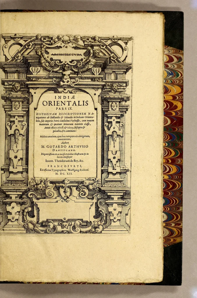 An illustration from Indiae Orientalis pars IX. Historicam descriptionem nauigationis ab Hollandis & Selandis in Indiam Orientalem, sub imperio Petri-Guilielmi Verhuffii, cum nouem maiorem & quatuor minorum nauium classe, annis 1607. 1608. & 1609. susceptae & peractae, &c. continens: : addita omnium, quae hoc tempore eis obtigerunt, annotatione;, 1612, leaf 7
