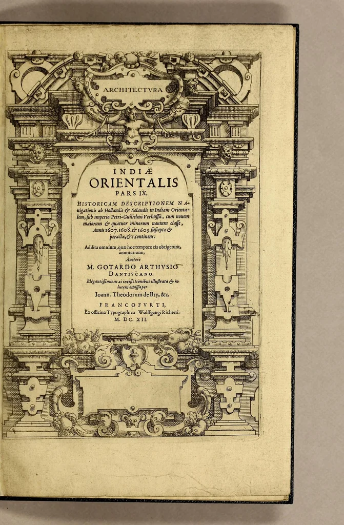 An illustration from Indiae Orientalis pars IX. Historicam descriptionem nauigationis ab Hollandis & Selandis in Indiam Orientalem, sub imperio Petri-Guilielmi Verhuffii, cum nouem maiorem & quatuor minorum navium classe, annis 1607. 1608. & 1609. susceptae & peractae, &c. continens: : addita omnium, quae hoc tempore eis obtigerunt, annotatione;, 1612, leaf 7