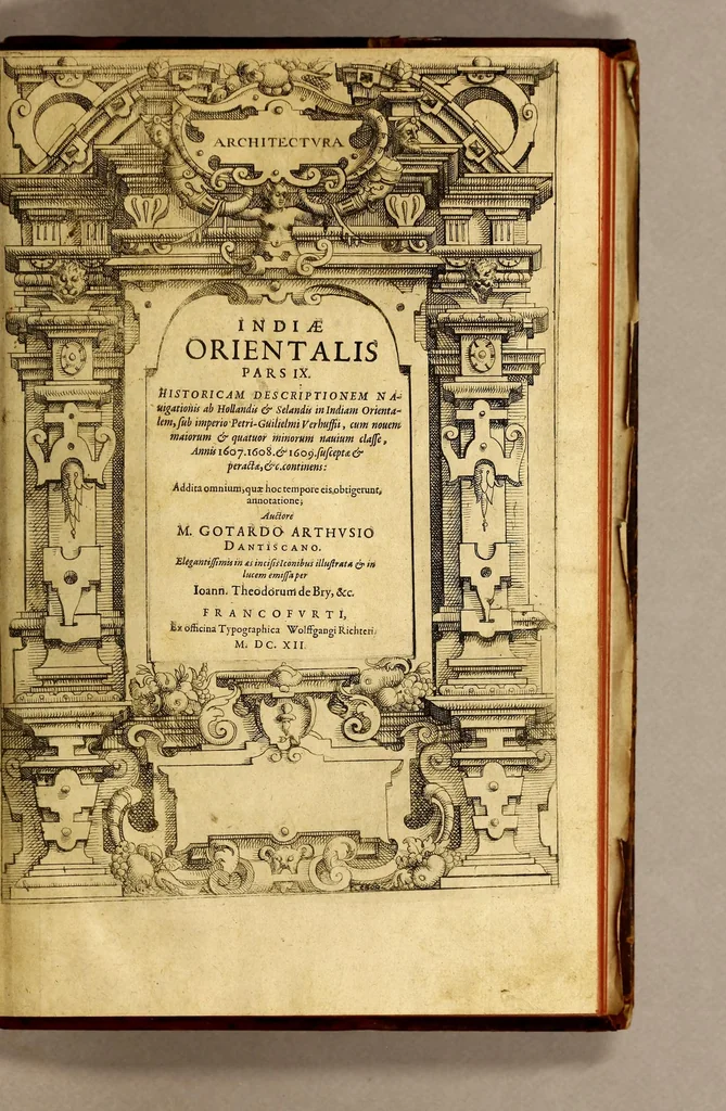 An illustration from Indiae Orientalis pars IX. Historicam descriptionem nauigationis ab Hollandis & Selandis in Indiam Orientalem, sub imperio Petri-Guilielmi Verhuffii, cum nouem maiorem & quatuor minorum nauium classe, annis 1607. 1608. & 1609. susceptae & peractae, &c. continens: : addita omnium, quae hoc tempore eis obtigerunt, annotatione;, 1612, leaf 7