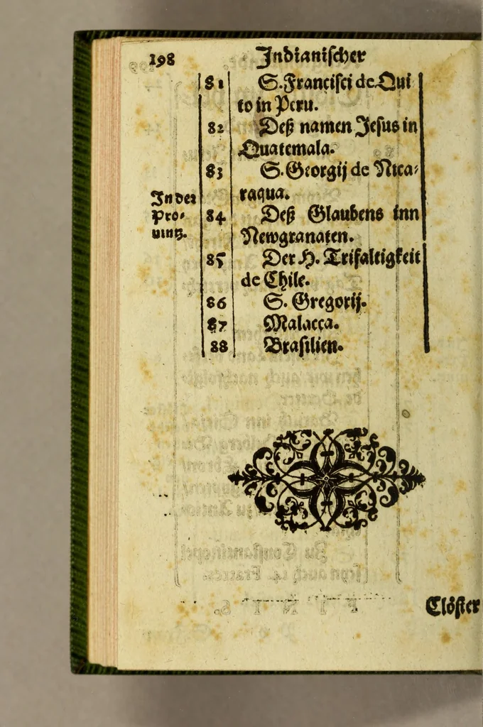 An illustration from Indianischer religionstandt der gantzen Newen Welt, eider Indien gegen auff und Nidergang der Sonnen: : |b schleinigister Form auss gründtlichen Historien, sonderbar dess hochwürdigen Vatters Francisci Gonzagen, barfüsserische[n] Ordnescroniken, 1588, leaf 240