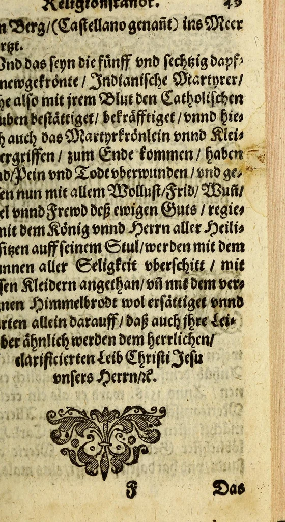 An illustration from Indianischer religionstandt der gantzen Newen Welt, eider Indien gegen auff und Nidergang der Sonnen: : |b schleinigister Form auss gründtlichen Historien, sonderbar dess hochwürdigen Vatters Francisci Gonzagen, barfüsserische[n] Ordnescroniken, 1588, leaf 87