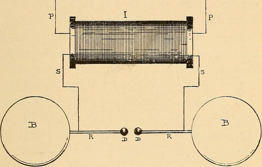An illustration from Induction coils : how to make, use, and repair them including Ruhmkorff, Tesla, and medical coils, Roentgen radiography, wireless telegraphy, and practical information on primary and secondary battery, 1901, leaf 254