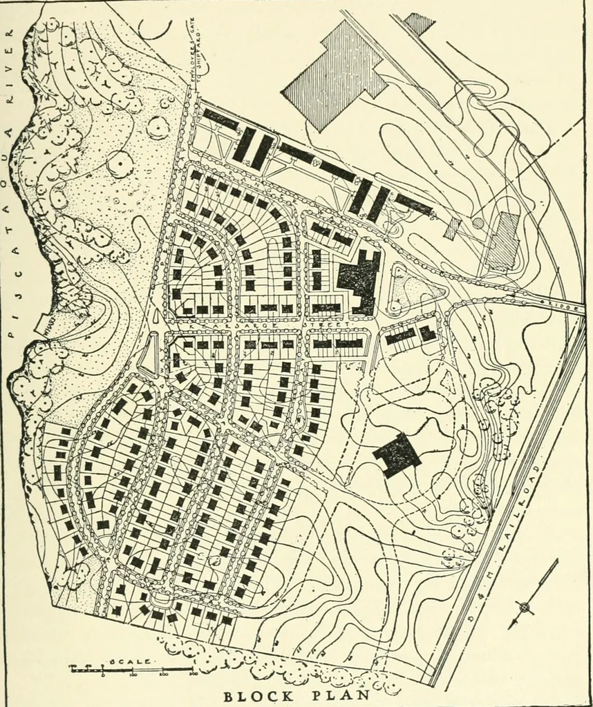 An illustration from Industrial housing; with a discussion of accompanying activities; such as town planning - street systems - development of utility services - and related engineering and construction features, 1920, leaf 104