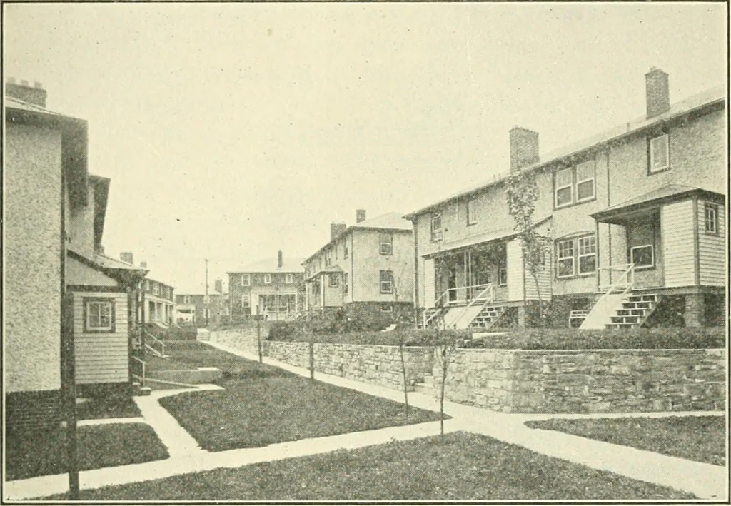 An illustration from Industrial housing; with a discussion of accompanying activities; such as town planning - street systems - development of utility services - and related engineering and construction features, 1920, leaf 122