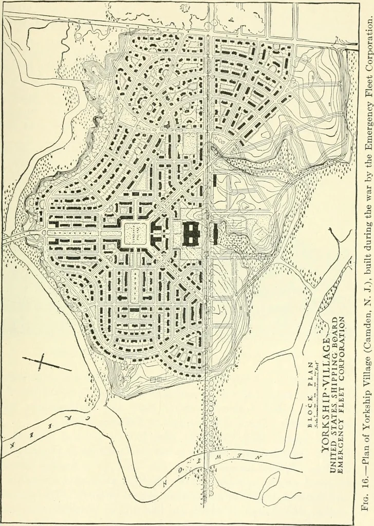 An illustration from Industrial housing; with a discussion of accompanying activities; such as town planning - street systems - development of utility services - and related engineering and construction features, 1920, leaf 144