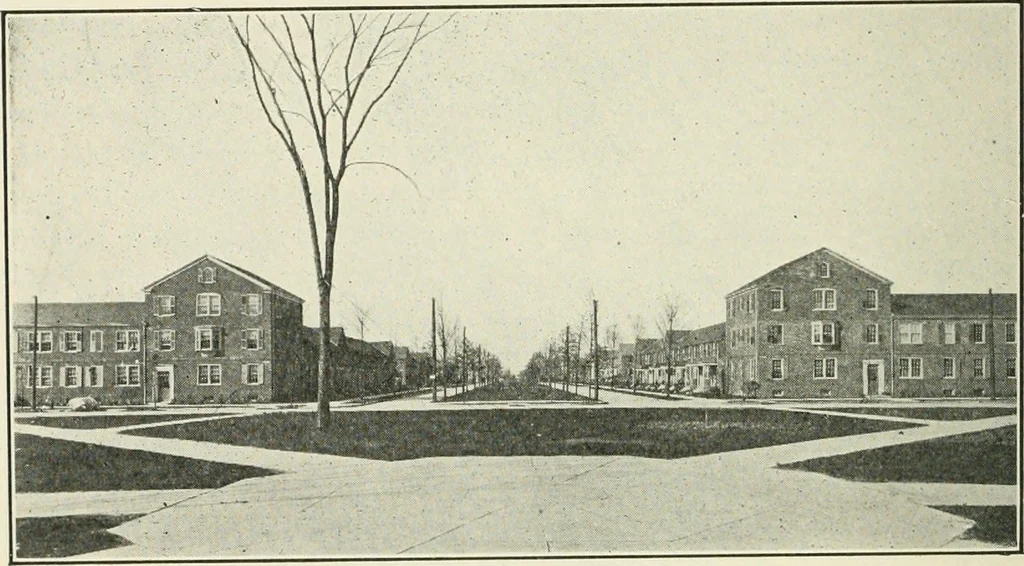 An illustration from Industrial housing; with a discussion of accompanying activities; such as town planning - street systems - development of utility services - and related engineering and construction features, 1920, leaf 145