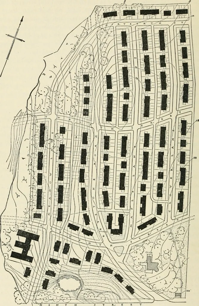 An illustration from Industrial housing; with a discussion of accompanying activities; such as town planning - street systems - development of utility services - and related engineering and construction features, 1920, leaf 89