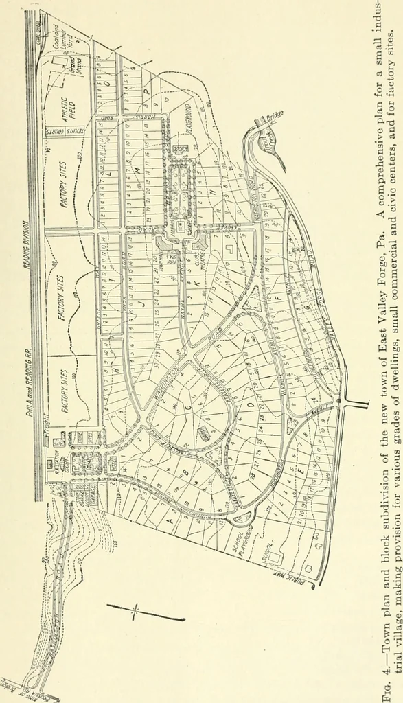 An illustration from Industrial housing; with a discussion of accompanying activities; such as town planning - street systems - development of utility services - and related engineering and construction features, 1920, leaf 98
