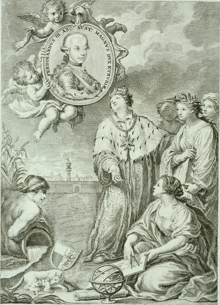 An illustration from In espettazione delle Loro Altezze Reali Ferdinando III, principe reale d'Ungheria e di Boemia, arciduca d'Austria, gran duca di Toscana, e Luisa Maria di Borbone real principessa di Napoli sua consorte : feste pubbliche destinate dalla città di Siena in contrassegno della sua gioja e devozione, 1791, leaf 3