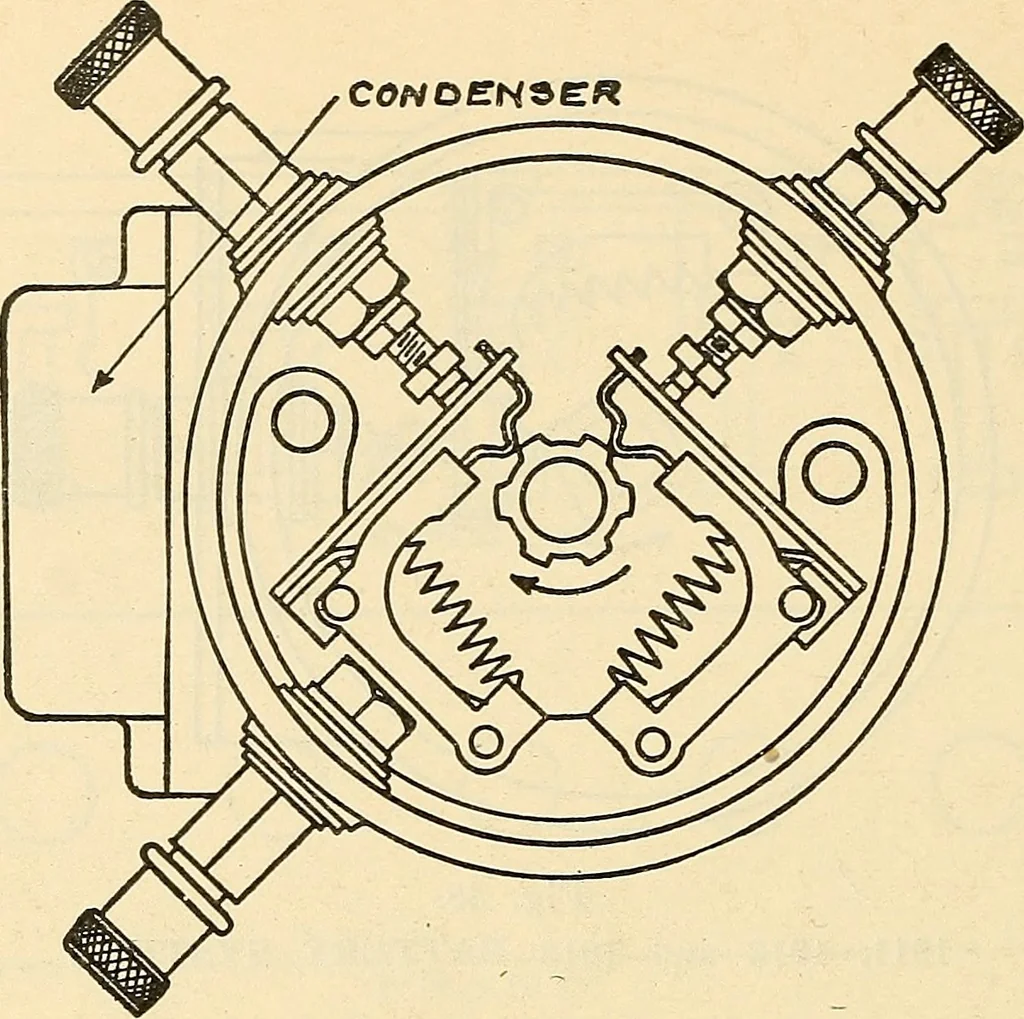 An illustration from Information; elementary electricity, motor car electric systems, the gas engine from an ignition point of view, driving the car, 1920, leaf 145