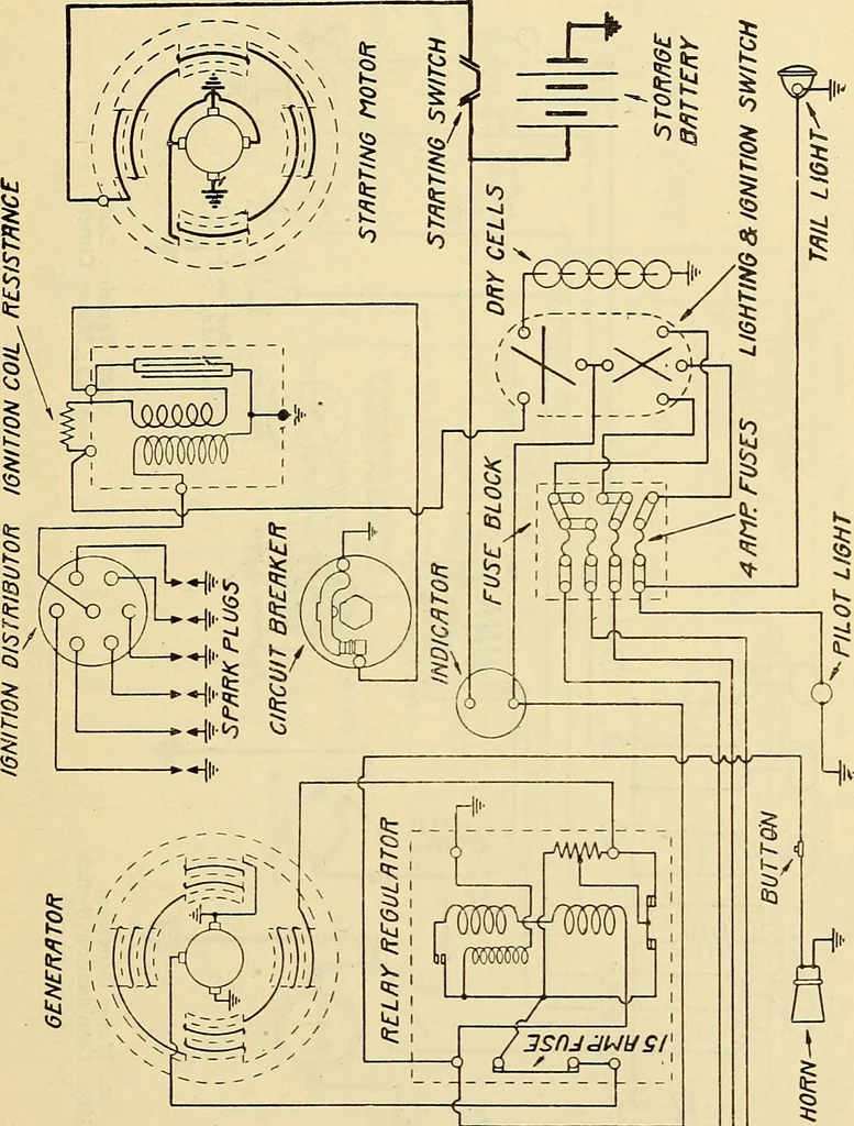 An illustration from Information; elementary electricity, motor car electric systems, the gas engine from an ignition point of view, driving the car, 1920, leaf 312