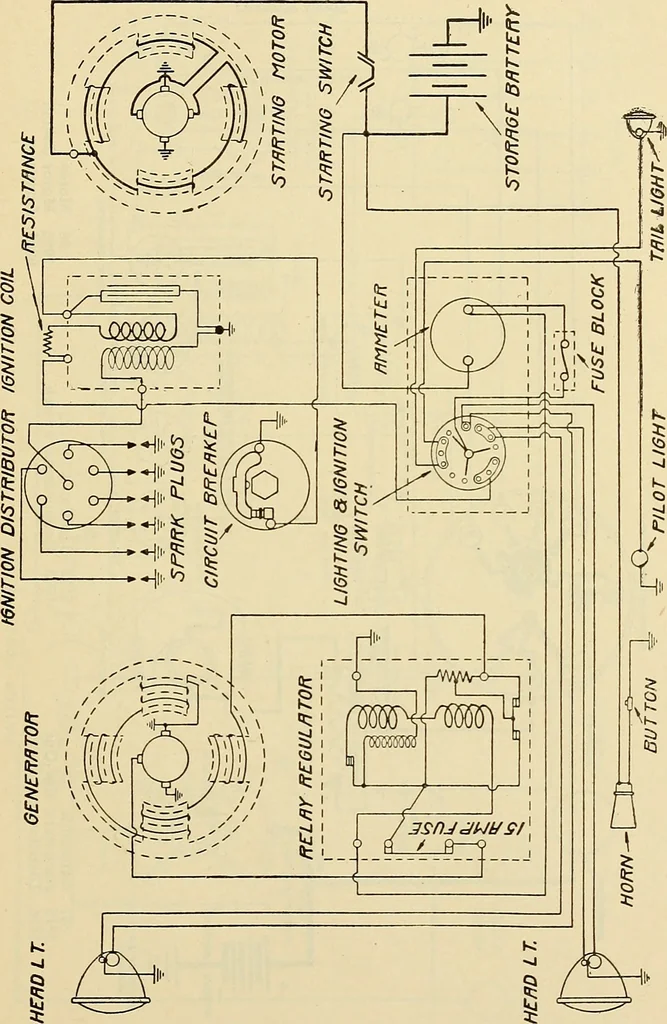 An illustration from Information; elementary electricity, motor car electric systems, the gas engine from an ignition point of view, driving the car, 1920, leaf 314