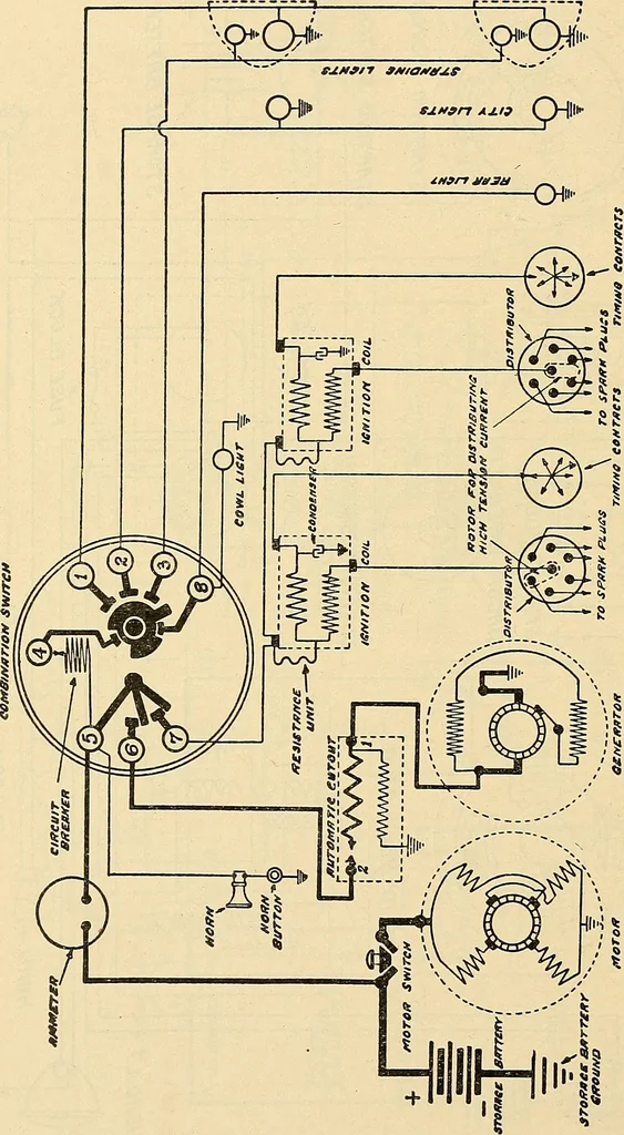 An illustration from Information; elementary electricity, motor car electric systems, the gas engine from an ignition point of view, driving the car, 1920, leaf 315