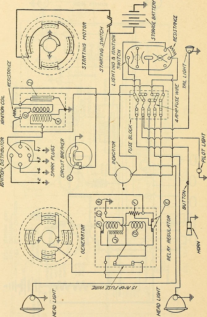 An illustration from Information; elementary electricity, motor car electric systems, the gas engine from an ignition point of view, driving the car, 1920, leaf 343