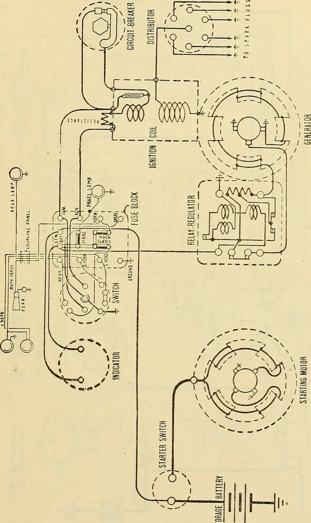 An illustration from Information; elementary electricity, motor car electric systems, the gas engine from an ignition point of view, driving the car, 1920, leaf 344