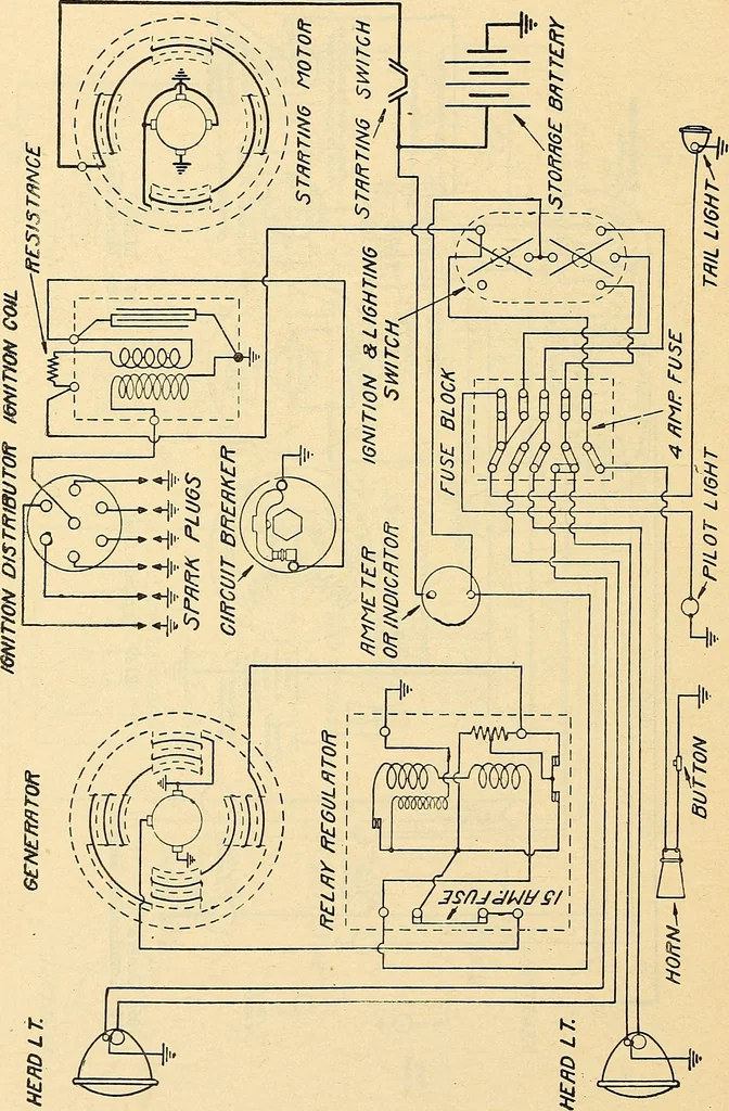 An illustration from Information; elementary electricity, motor car electric systems, the gas engine from an ignition point of view, driving the car, 1920, leaf 349