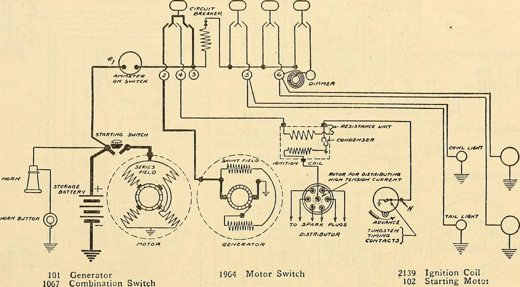 An illustration from Information; elementary electricity, motor car electric systems, the gas engine from an ignition point of view, driving the car, 1920, leaf 351