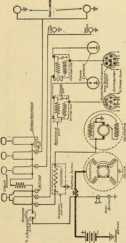 An illustration from Information; elementary electricity, motor car electric systems, the gas engine from an ignition point of view, driving the car, 1920, leaf 352