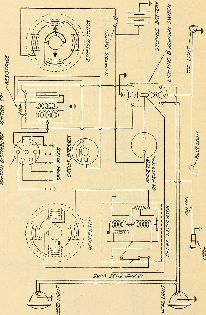 An illustration from Information; elementary electricity, motor car electric systems, the gas engine from an ignition point of view, driving the car, 1920, leaf 361
