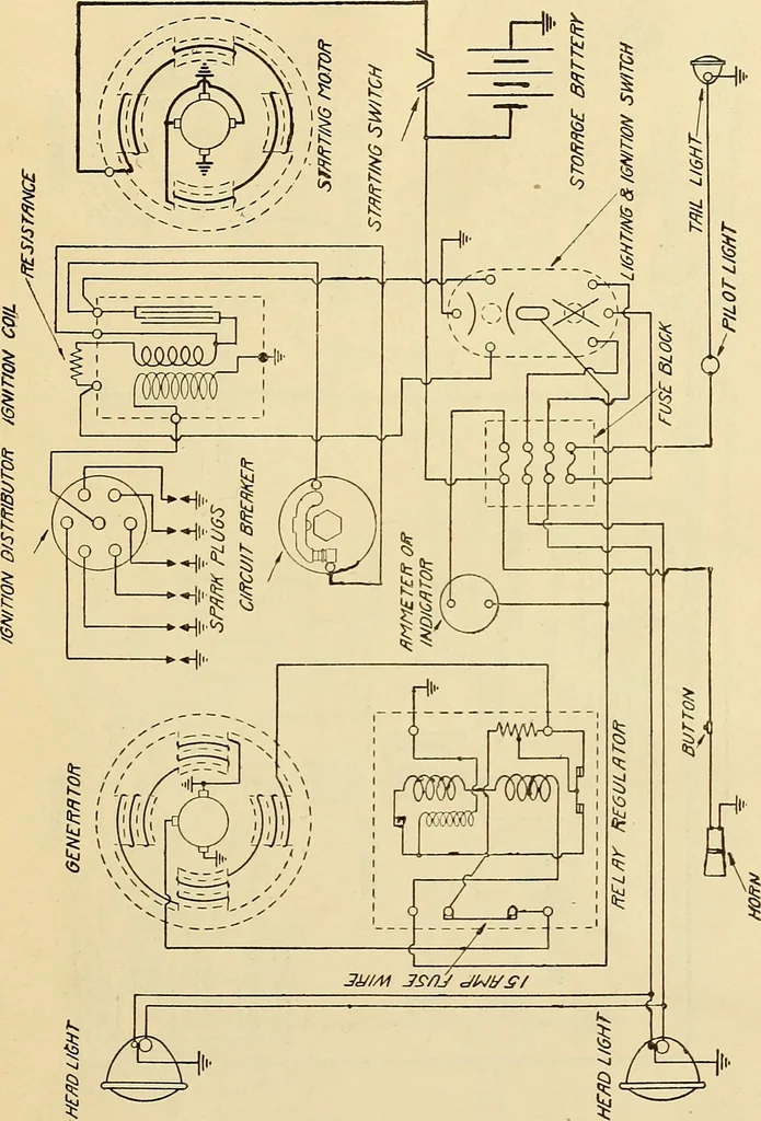 An illustration from Information; elementary electricity, motor car electric systems, the gas engine from an ignition point of view, driving the car, 1920, leaf 398