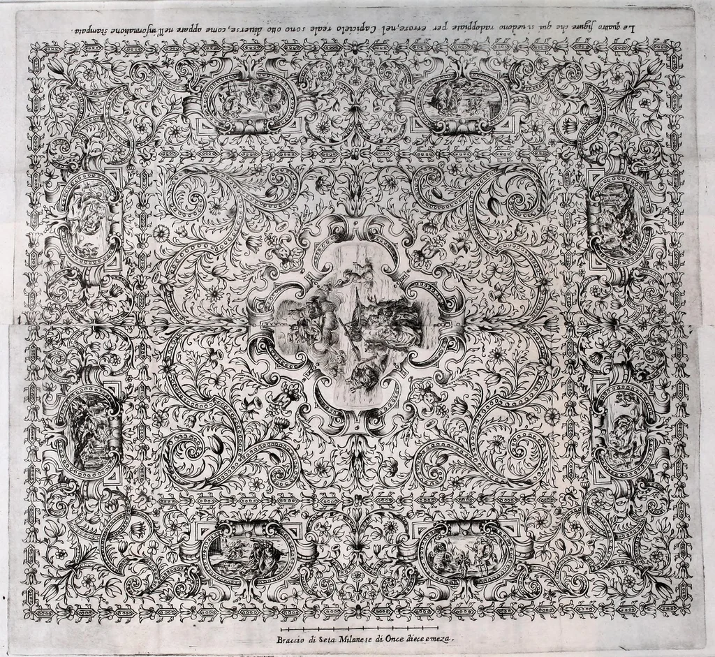 An illustration from Informatione a regi, e gran prencipi, d'vn padiglione da letto di forma quadra à sua proportione, ben composto pretioso, & superbissimo : che si ritroua in casa di Francesco Sorbellone ricamatore in Milano, 1625, leaf 11