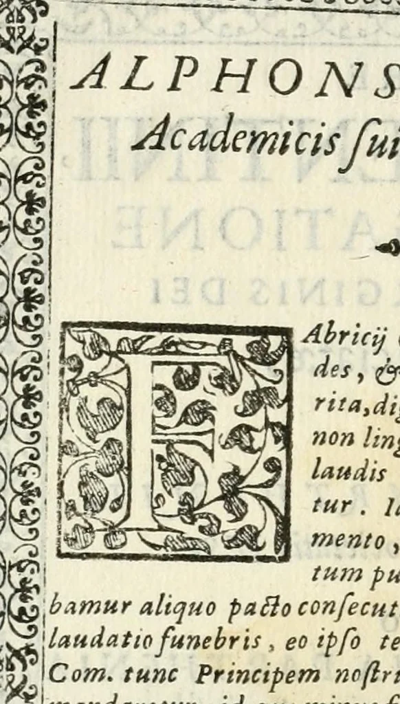 An illustration from In fvnere Fabricii Gentinii è Congregatione Beatissimae Virginis Dei Matris Annunciatae et academici parthenii, in ferrariensi Gymnasio Societatis Iesu oratio : habita in Accademia Parthenia, 1591, leaf 4