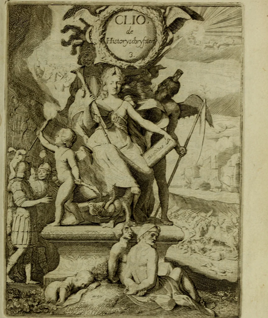 An illustration from Inleyding tot de hooge schoole der schilderkonst: anders de zichtbaere werelt. : verdeelt in negen leerwinkels, yder bestiert door eene der zanggodinnen. Ten hoogsten noodzakelijk, tot onderwijs, voor alle die deeze edele, vrye, en hooge konst oeffenen, of met yver zoeken te leeren, of anders eenigzins beminnen., 1678, leaf 100