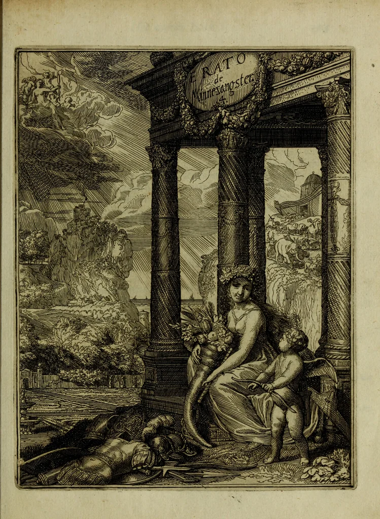 An illustration from Inleyding tot de hooge schoole der schilderkonst: anders de zichtbaere werelt. : verdeelt in negen leerwinkels, yder bestiert door eene der zanggodinnen. Ten hoogsten noodzakelijk, tot onderwijs, voor alle die deeze edele, vrye, en hooge konst oeffenen, of met yver zoeken te leeren, of anders eenigzins beminnen., 1678, leaf 156