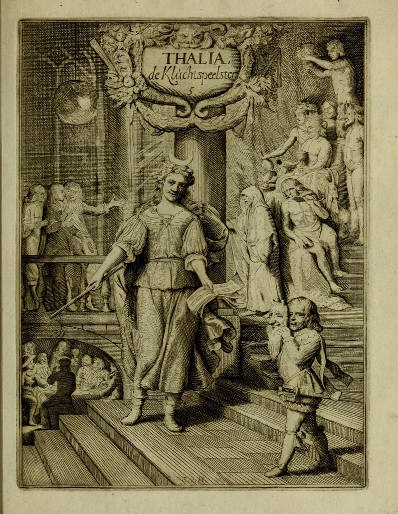 An illustration from Inleyding tot de hooge schoole der schilderkonst: anders de zichtbaere werelt. : verdeelt in negen leerwinkels, yder bestiert door eene der zanggodinnen. Ten hoogsten noodzakelijk, tot onderwijs, voor alle die deeze edele, vrye, en hooge konst oeffenen, of met yver zoeken te leeren, of anders eenigzins beminnen., 1678, leaf 208