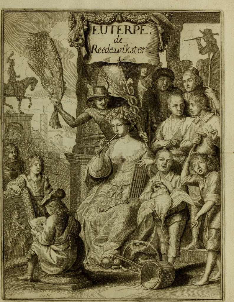 An illustration from Inleyding tot de hooge schoole der schilderkonst: anders de zichtbaere werelt. : verdeelt in negen leerwinkels, yder bestiert door eene der zanggodinnen. Ten hoogsten noodzakelijk, tot onderwijs, voor alle die deeze edele, vrye, en hooge konst oeffenen, of met yver zoeken te leeren, of anders eenigzins beminnen., 1678, leaf 22