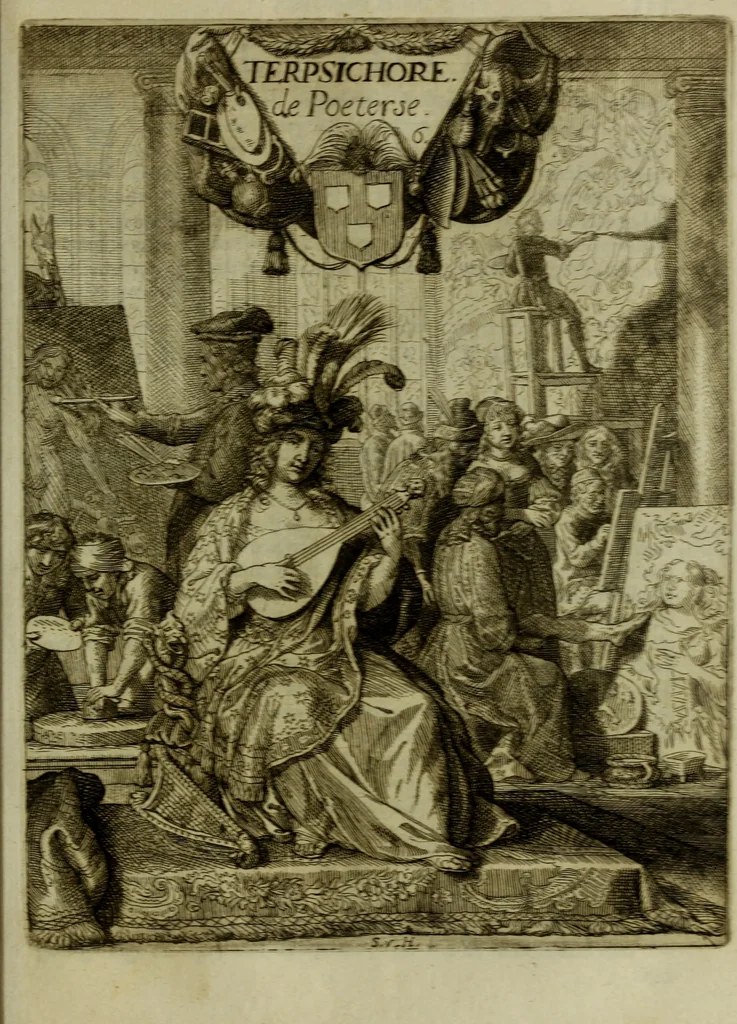 An illustration from Inleyding tot de hooge schoole der schilderkonst: anders de zichtbaere werelt. : verdeelt in negen leerwinkels, yder bestiert door eene der zanggodinnen. Ten hoogsten noodzakelijk, tot onderwijs, voor alle die deeze edele, vrye, en hooge konst oeffenen, of met yver zoeken te leeren, of anders eenigzins beminnen., 1678, leaf 252