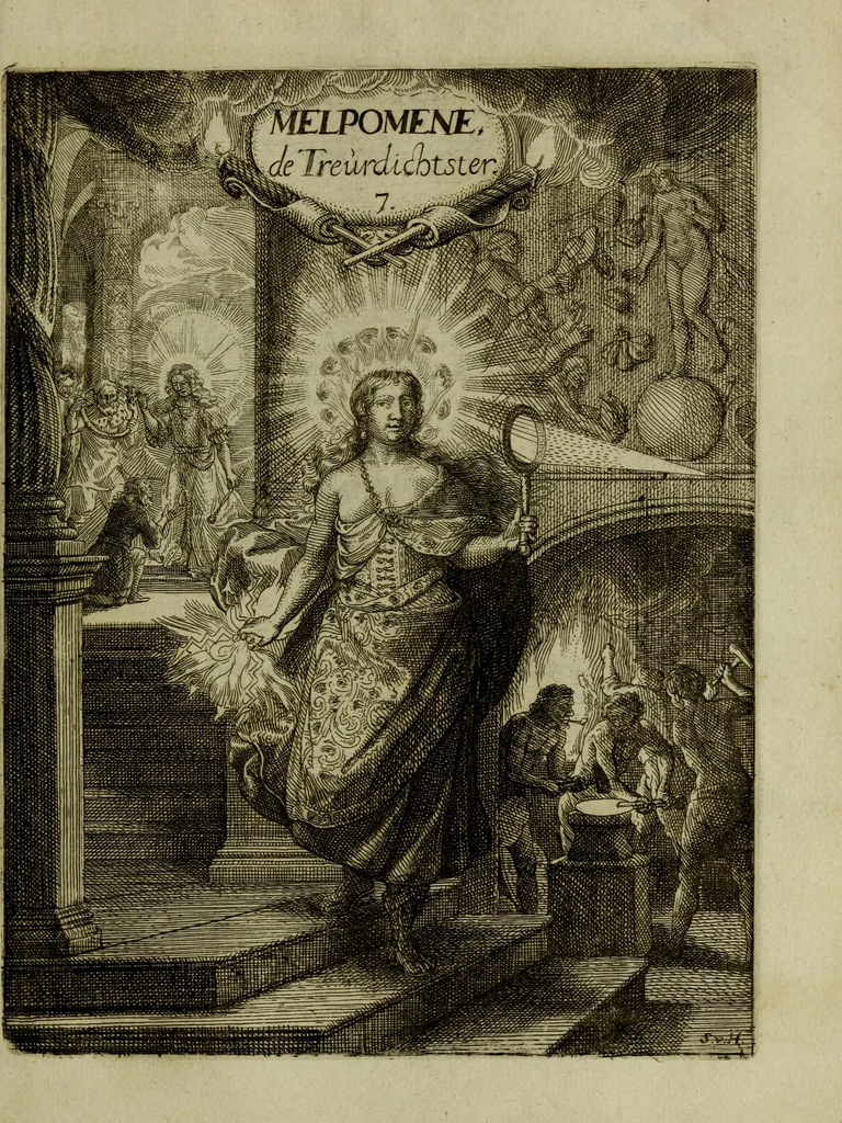 An illustration from Inleyding tot de hooge schoole der schilderkonst: anders de zichtbaere werelt. : verdeelt in negen leerwinkels, yder bestiert door eene der zanggodinnen. Ten hoogsten noodzakelijk, tot onderwijs, voor alle die deeze edele, vrye, en hooge konst oeffenen, of met yver zoeken te leeren, of anders eenigzins beminnen., 1678, leaf 282