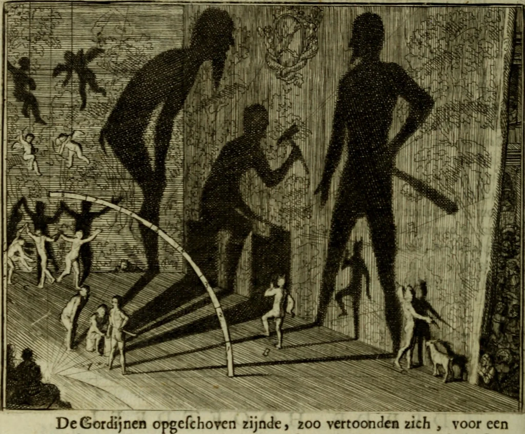 An illustration from Inleyding tot de hooge schoole der schilderkonst: anders de zichtbaere werelt. : verdeelt in negen leerwinkels, yder bestiert door eene der zanggodinnen. Ten hoogsten noodzakelijk, tot onderwijs, voor alle die deeze edele, vrye, en hooge konst oeffenen, of met yver zoeken te leeren, of anders eenigzins beminnen., 1678, leaf 301