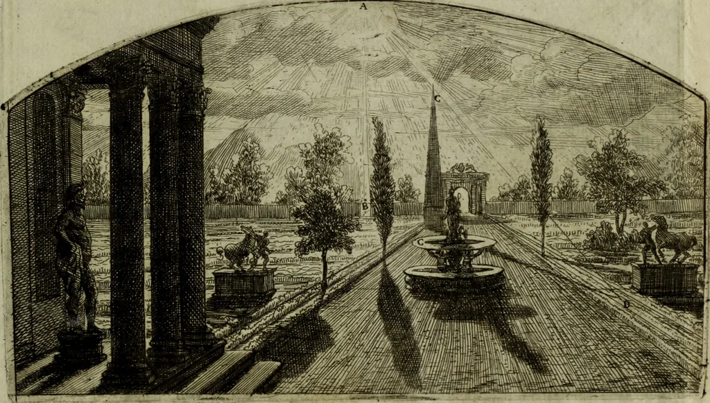 An illustration from Inleyding tot de hooge schoole der schilderkonst: anders de zichtbaere werelt. : verdeelt in negen leerwinkels, yder bestiert door eene der zanggodinnen. Ten hoogsten noodzakelijk, tot onderwijs, voor alle die deeze edele, vrye, en hooge konst oeffenen, of met yver zoeken te leeren, of anders eenigzins beminnen., 1678, leaf 310