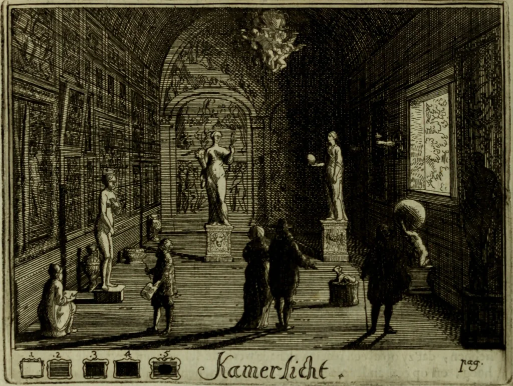 An illustration from Inleyding tot de hooge schoole der schilderkonst: anders de zichtbaere werelt. : verdeelt in negen leerwinkels, yder bestiert door eene der zanggodinnen. Ten hoogsten noodzakelijk, tot onderwijs, voor alle die deeze edele, vrye, en hooge konst oeffenen, of met yver zoeken te leeren, of anders eenigzins beminnen., 1678, leaf 313