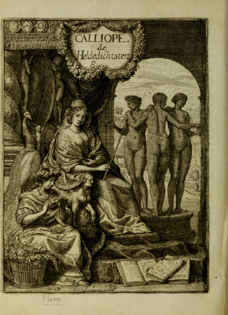 An illustration from Inleyding tot de hooge schoole der schilderkonst: anders de zichtbaere werelt. : verdeelt in negen leerwinkels, yder bestiert door eene der zanggodinnen. Ten hoogsten noodzakelijk, tot onderwijs, voor alle die deeze edele, vrye, en hooge konst oeffenen, of met yver zoeken te leeren, of anders eenigzins beminnen., 1678, leaf 319